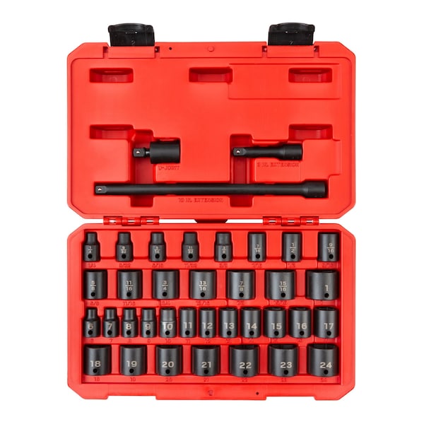 3/8 Inch Drive 6-Point Impact Socket Set, 37-Piece (1/4-1 in., 6-24 mm)